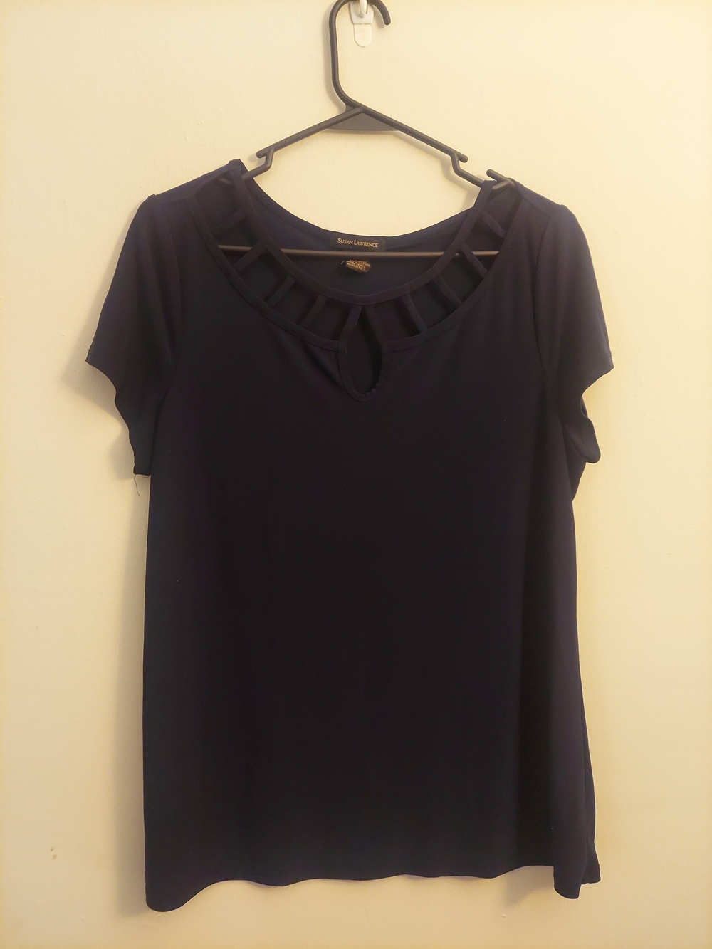 Susan Lawrence Navy Short Sleeve Top with Lattice Neckline